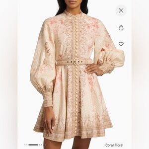 Authentic Zimmermann Tropical Floral Long Sleeve Belted Linen Minidress
